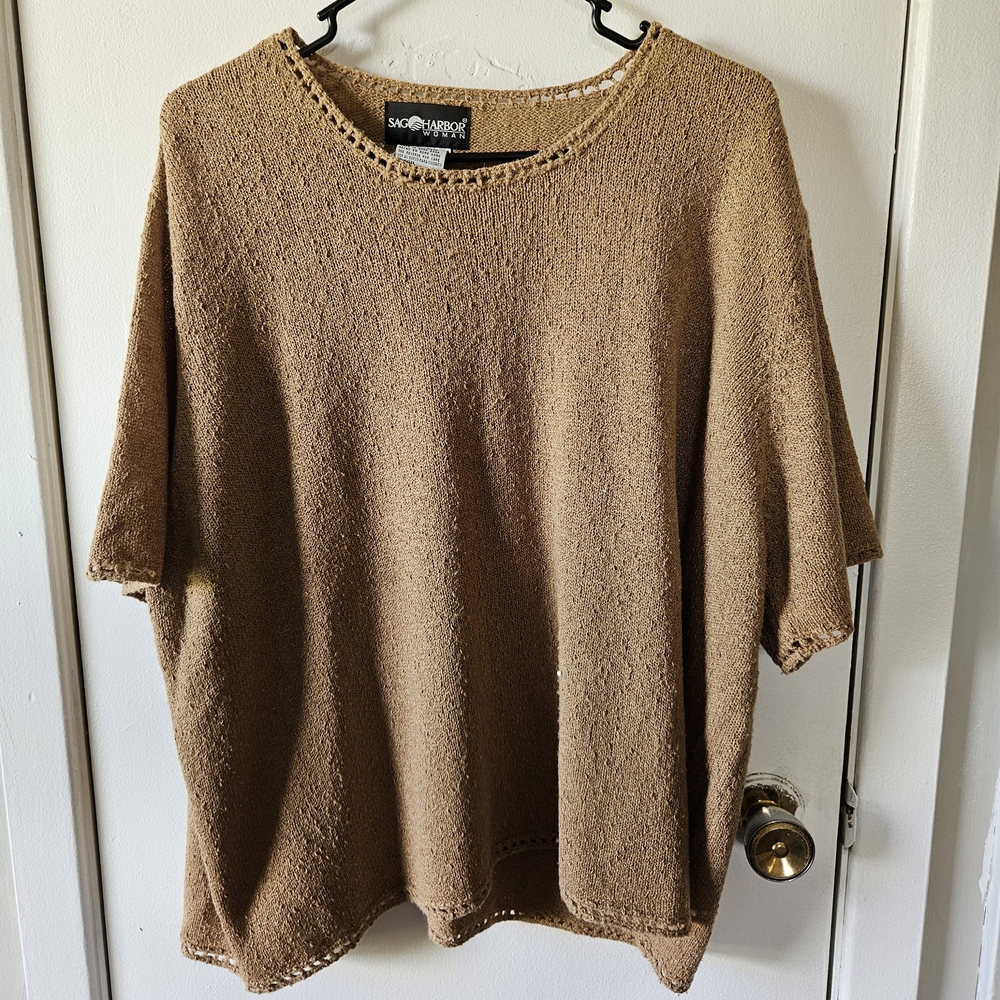 ♻️Sag Harbor Woman Tan Textured Knit Top • 3X • Short Sleeve - Picture 2 of 5